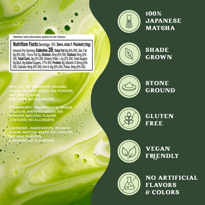 Harmony Matcha Variety Pack, Vanilla, Lavender, Strawberry, Vanilla, Premium Shade-Grown Japanese Matcha, Sweetend with Organic Sugar, 30 Count
