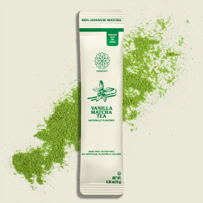 Harmony Matcha Vanilla, Premium Shade-Grown Japanese Matcha, Sweetened with Organic Sugar, 10 Count Per Carton